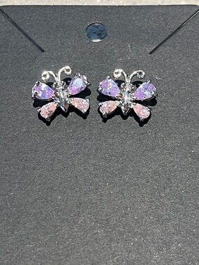 4/$20 Silver Butterfly Stud Earrings with Pink-Purple Opal Crystals